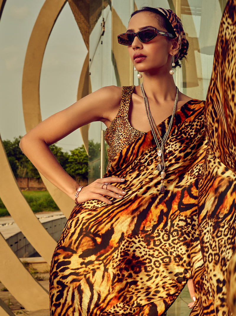 Tawny Brown Tiger Pattern Digital Satin Crepe Saree