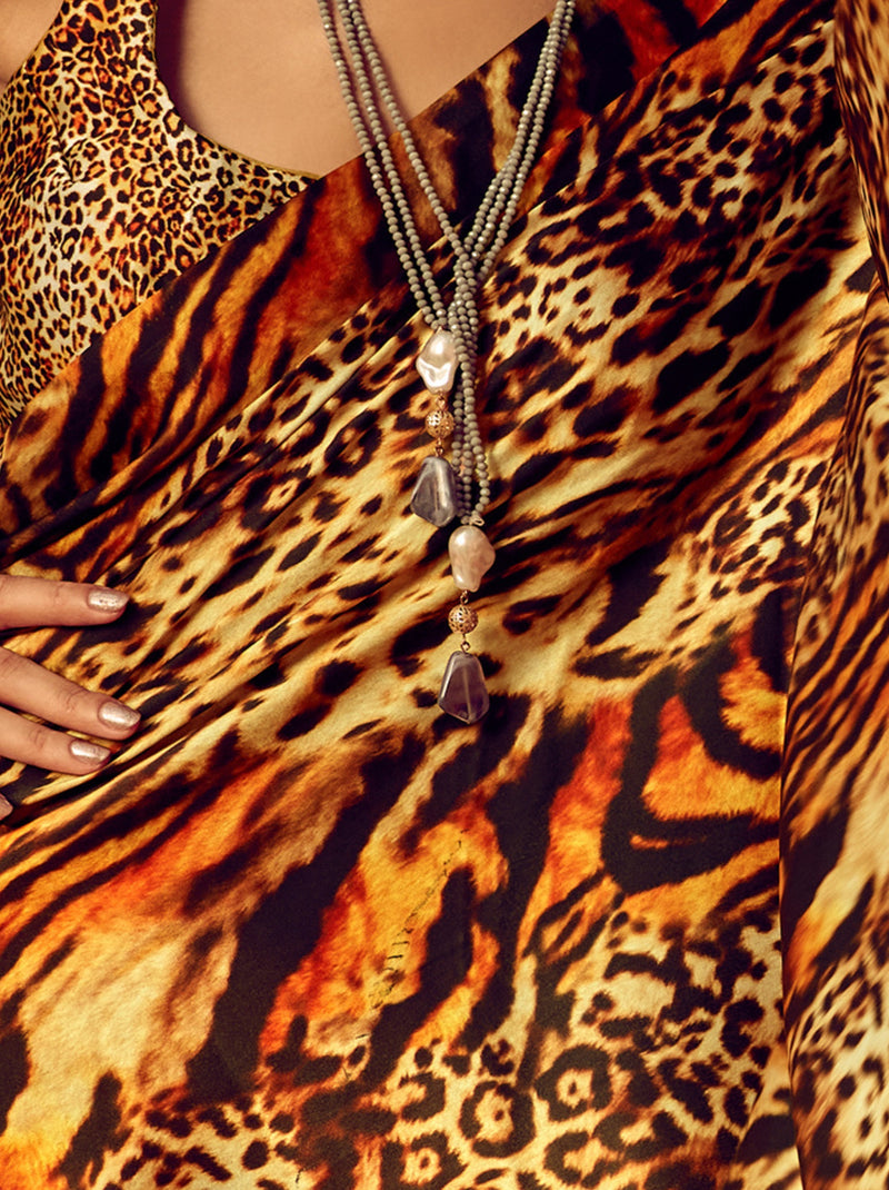 Tawny Brown Tiger Pattern Digital Satin Crepe Saree
