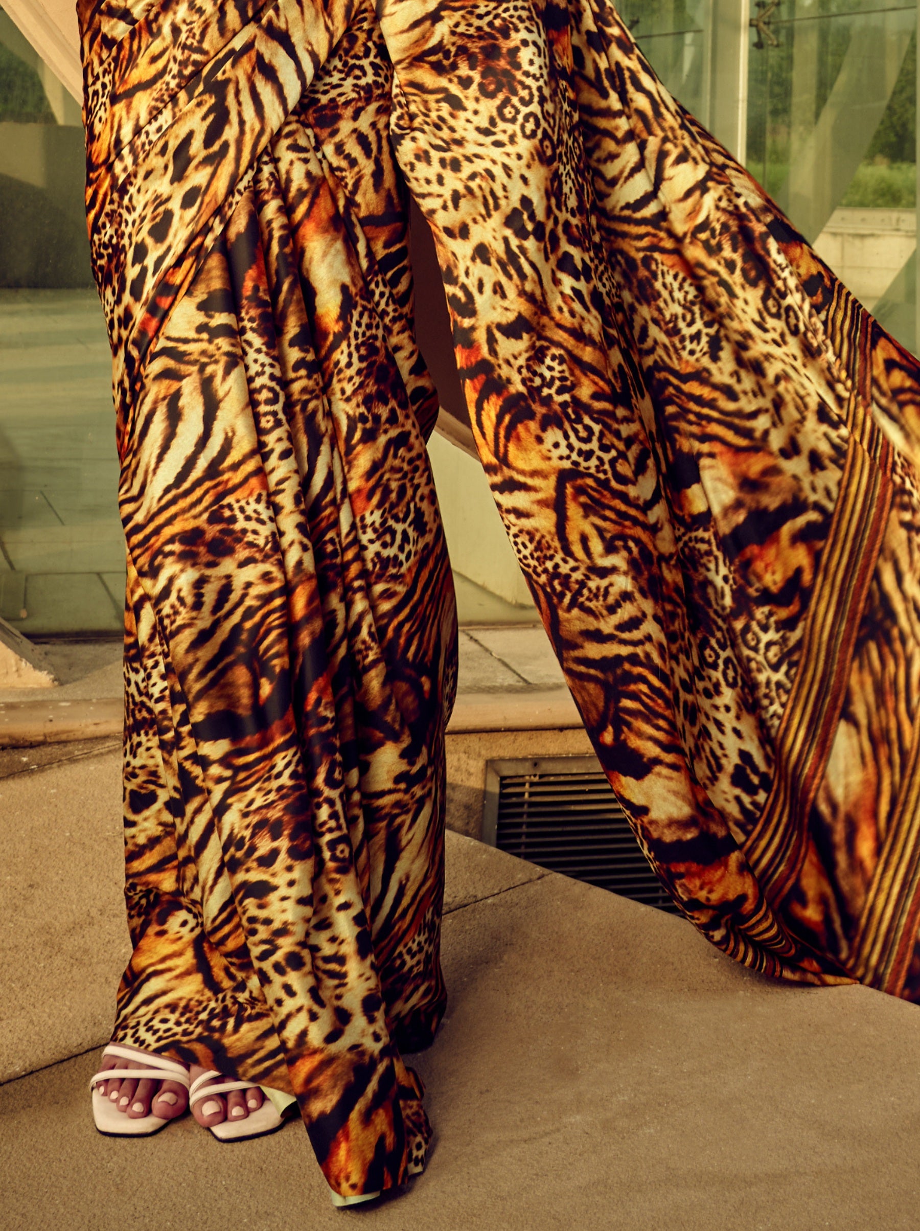 Tawny Brown Tiger Pattern Digital Satin Crepe Saree - TrendOye