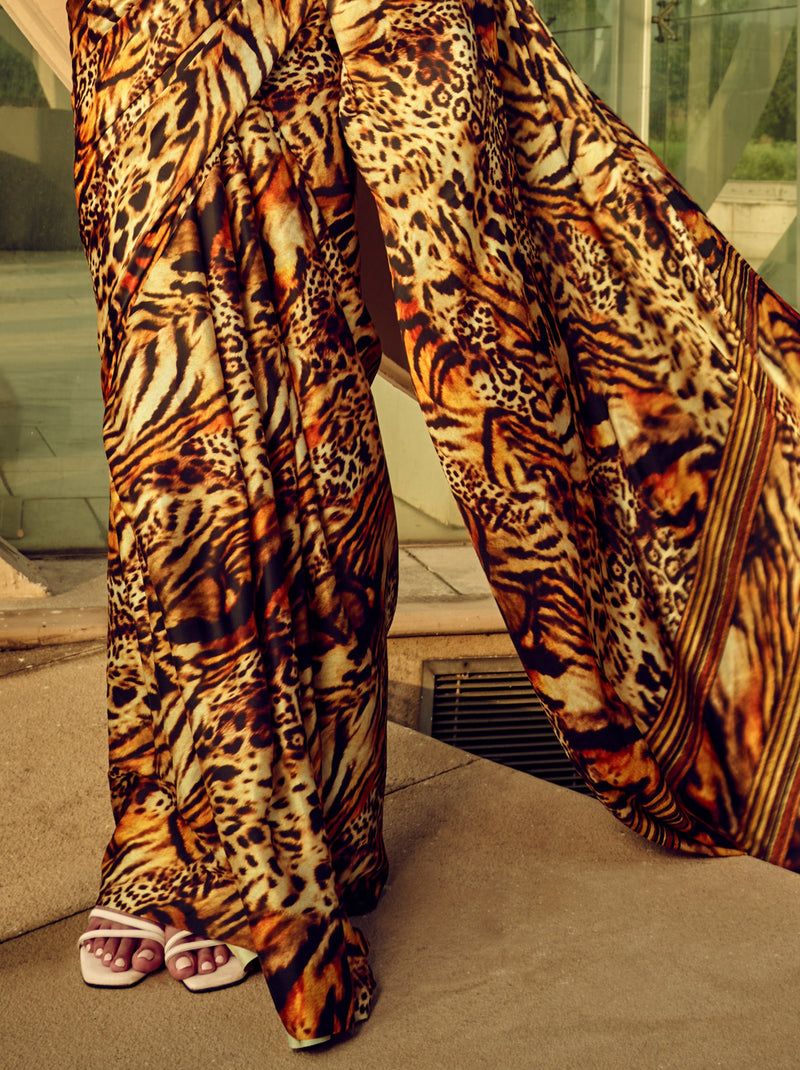 Tawny Brown Tiger Pattern Digital Satin Crepe Saree