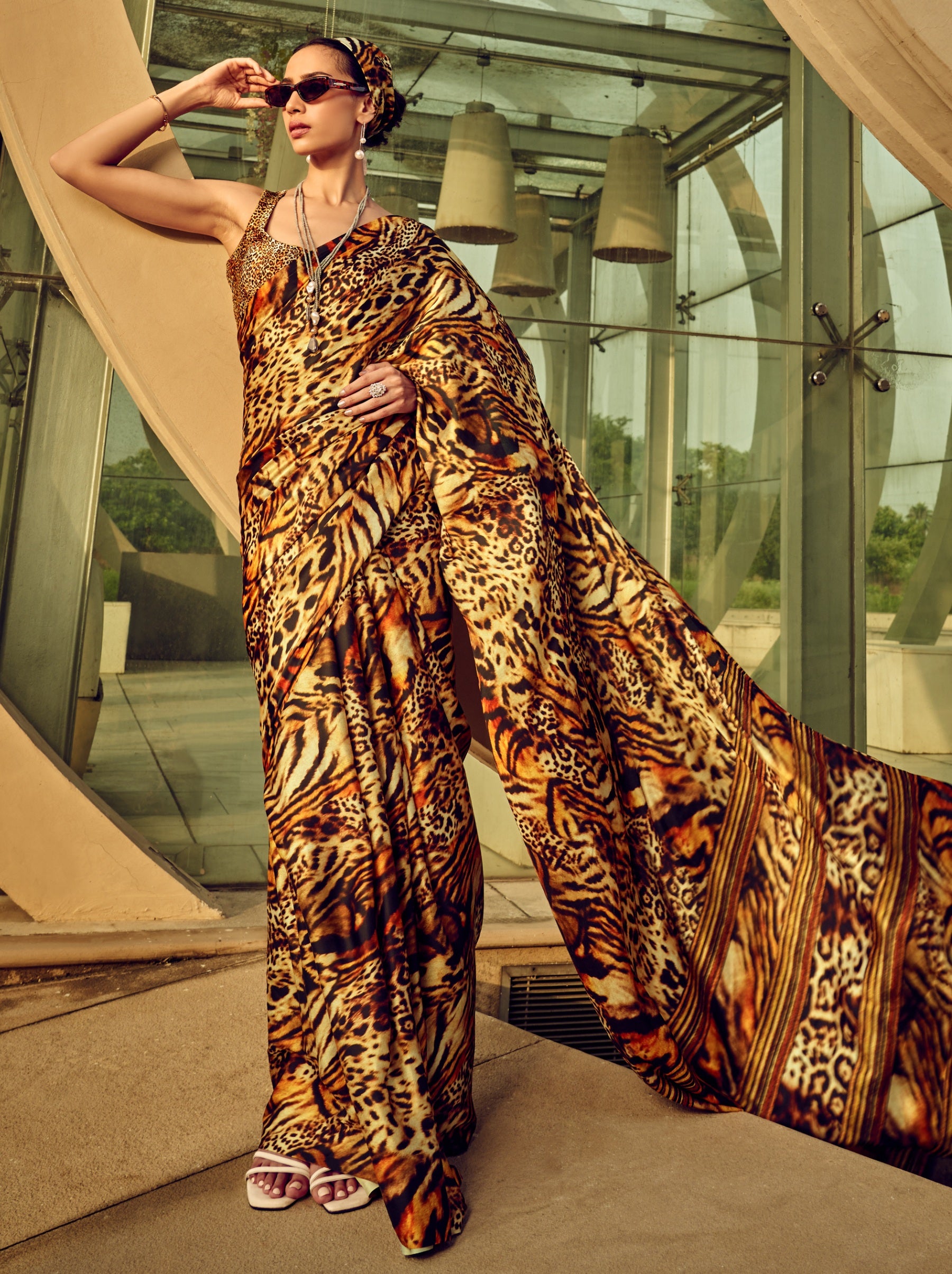 Tawny Brown Tiger Pattern Digital Satin Crepe Saree - TrendOye