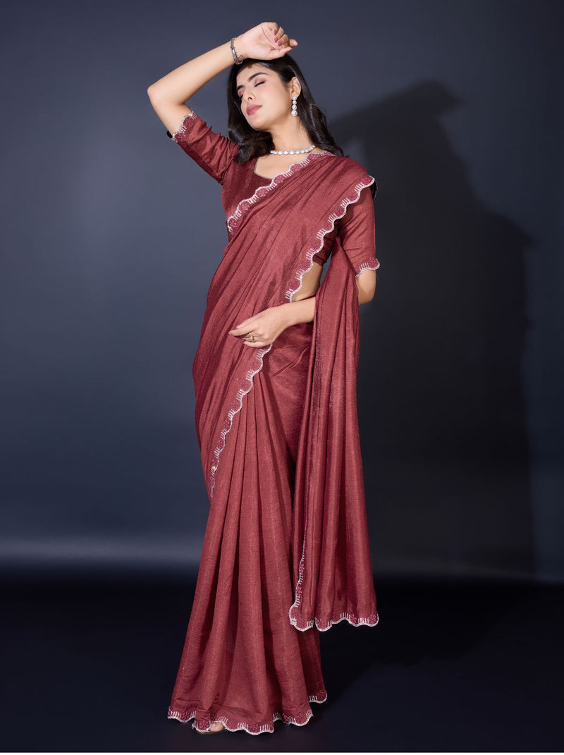 Wine Brown Fancy Premium Party Designer Saree - TrendOye