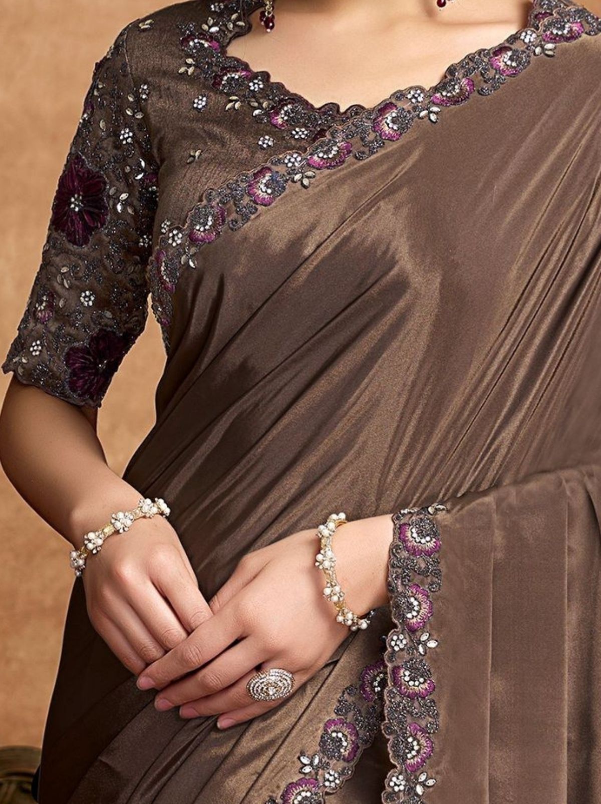 Espresso Brown Premium Reception Wear Saree With Unstitched Blouse