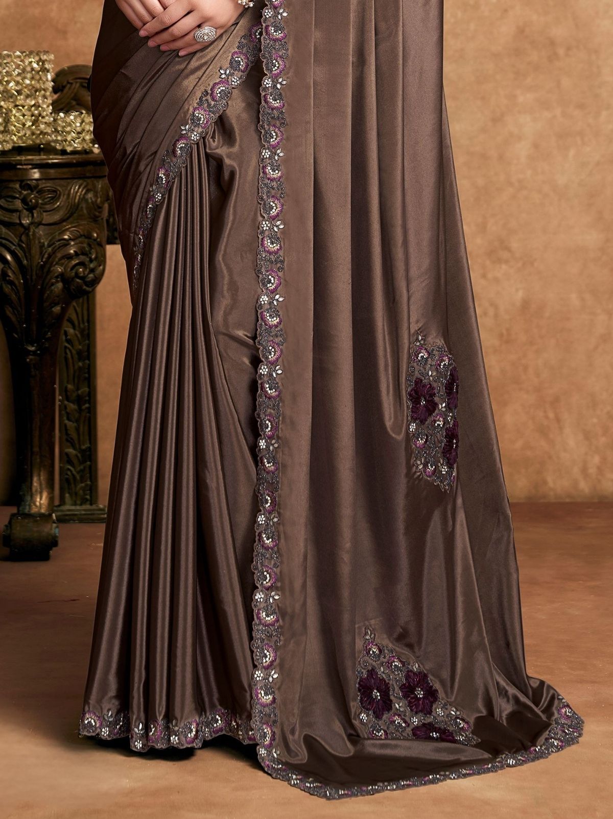 Espresso Brown Premium Reception Wear Saree With Unstitched Blouse