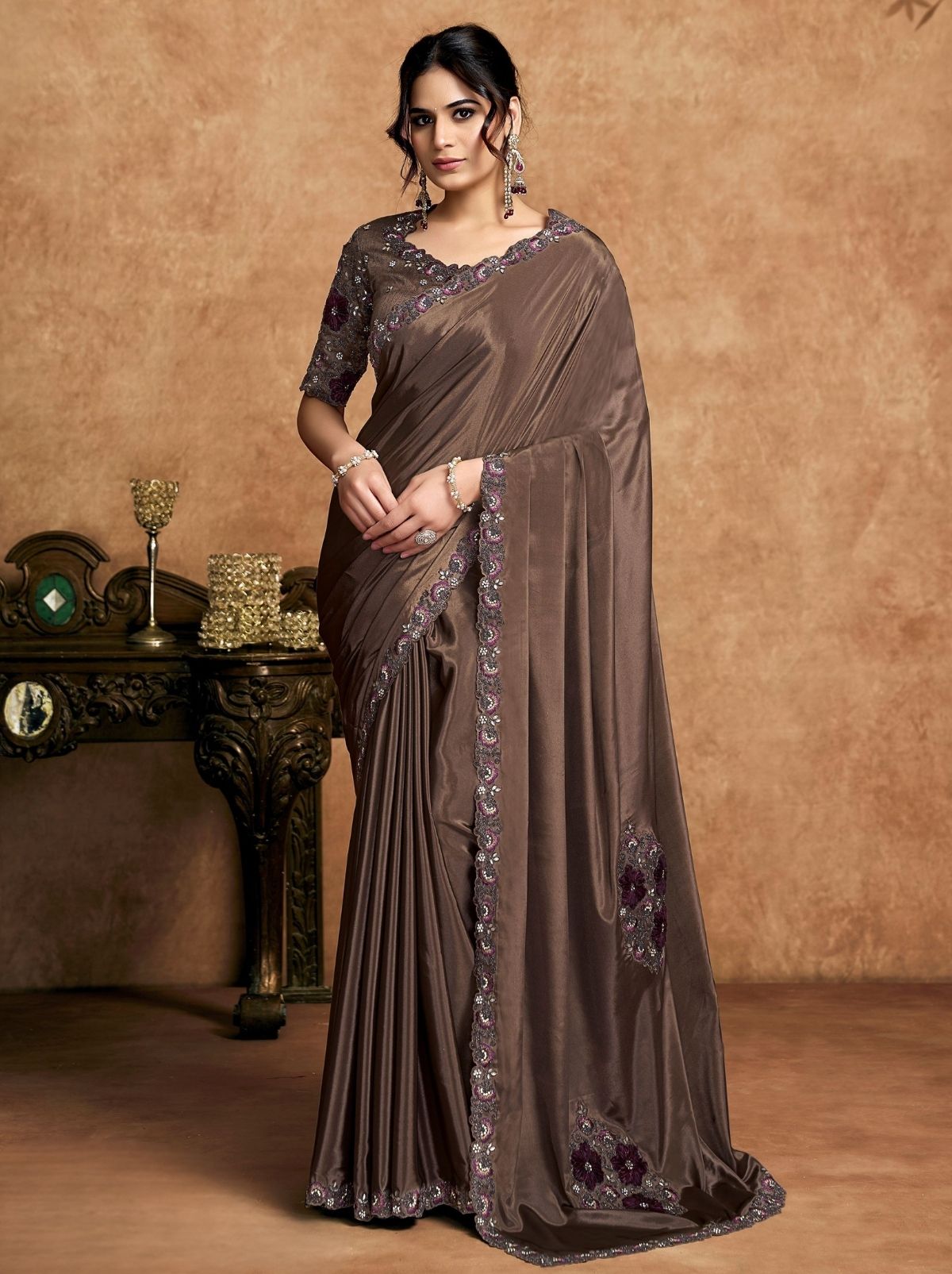 Espresso Brown Premium Reception Wear Saree With Unstitched Blouse