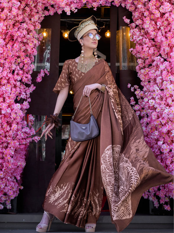 Brown Premium Satin Designer Saree - TrendOye