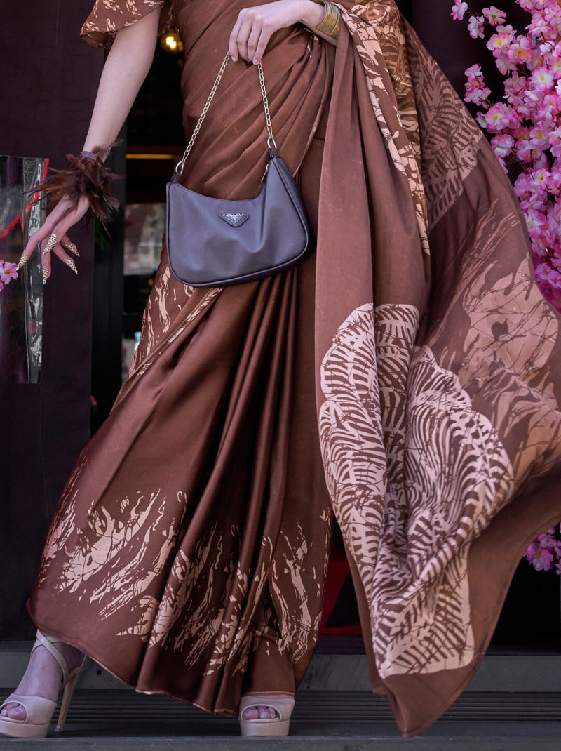 Brown Premium Satin Designer Saree