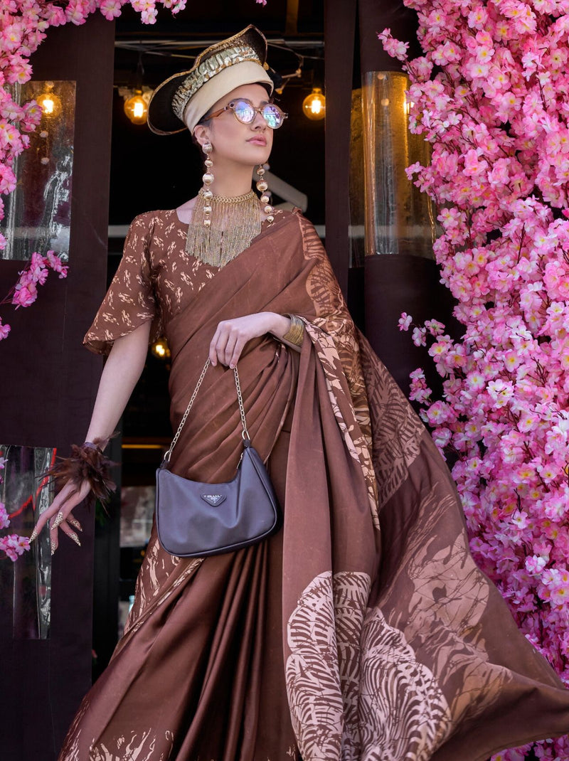 Brown Premium Satin Designer Saree