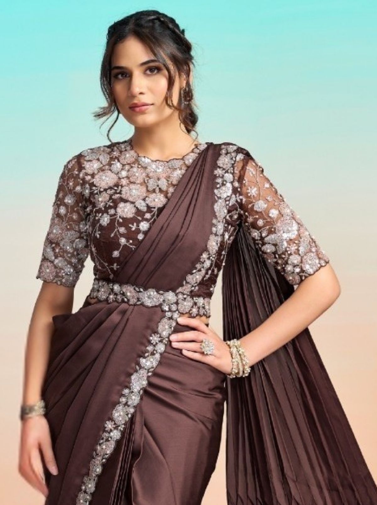 Espresso Brown Premium Satin Silk Ready to Wear Saree with Belt
