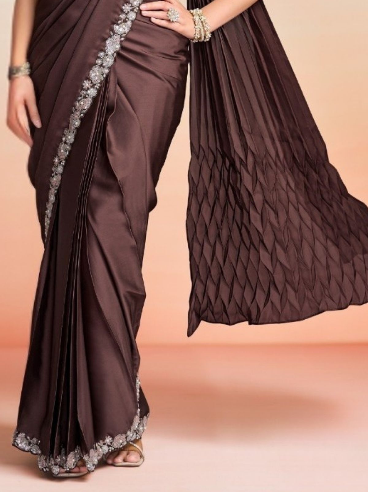 Espresso Brown Premium Satin Silk Ready to Wear Saree with Belt