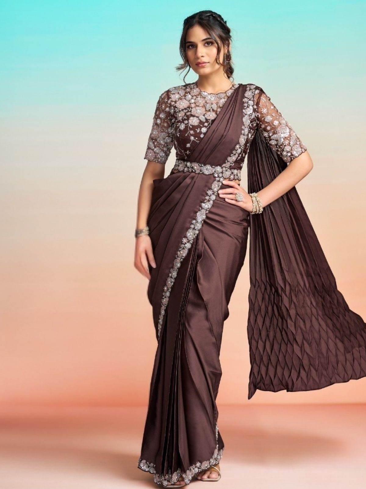 Espresso Brown Premium Satin Silk Ready to Wear Saree with Belt