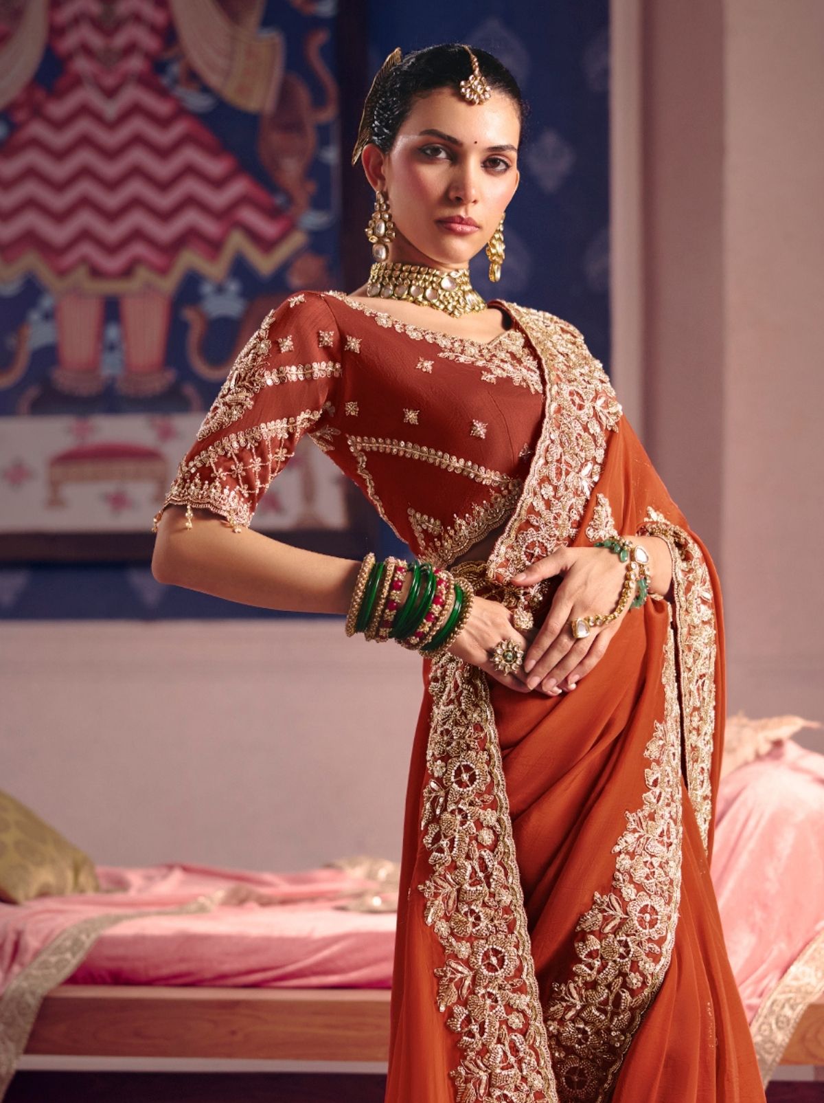 Mahogany Brown Tissue Silk Saree with Couture Beadwork & Zari Detailing