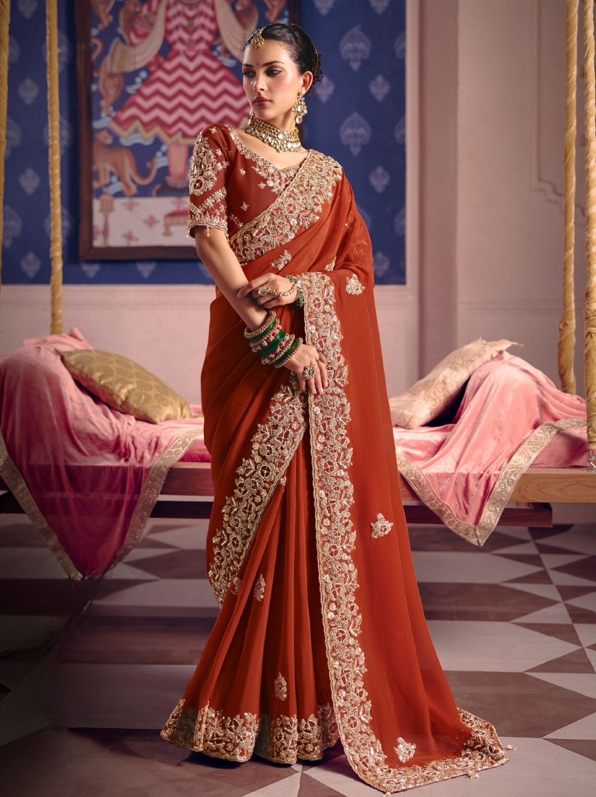 Mahogany Brown Tissue Silk Saree with Couture Beadwork & Zari Detailing