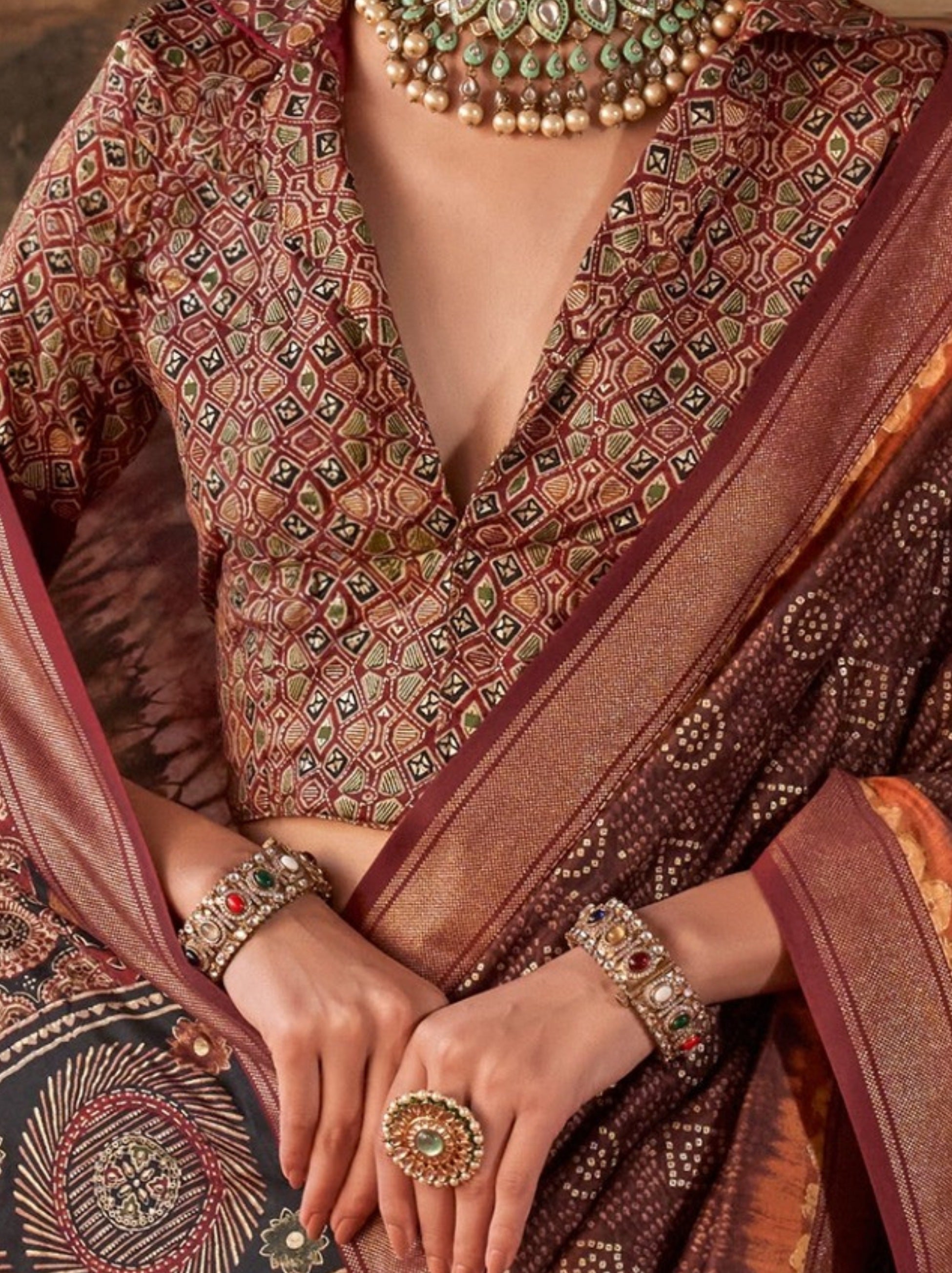 Hickory Brown Fancy Silk Celebration Saree - TrendOye