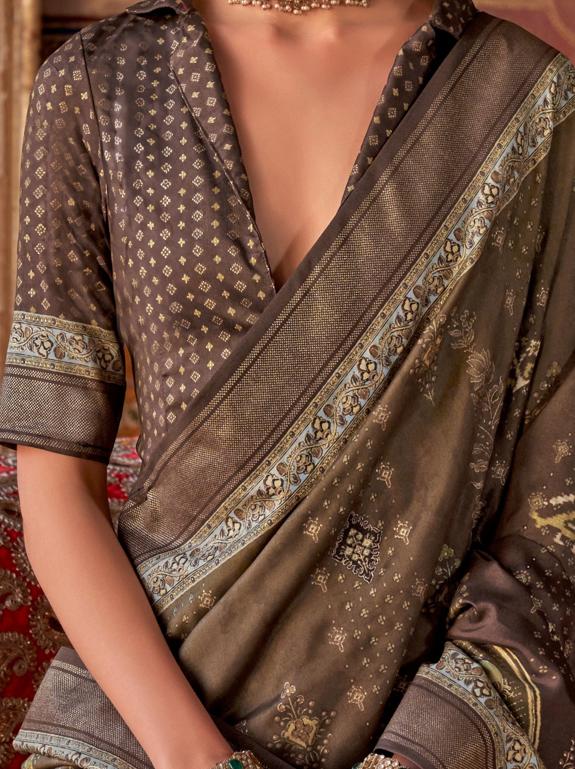 Espresso Brown Fancy Silk Celebration Saree - TrendOye