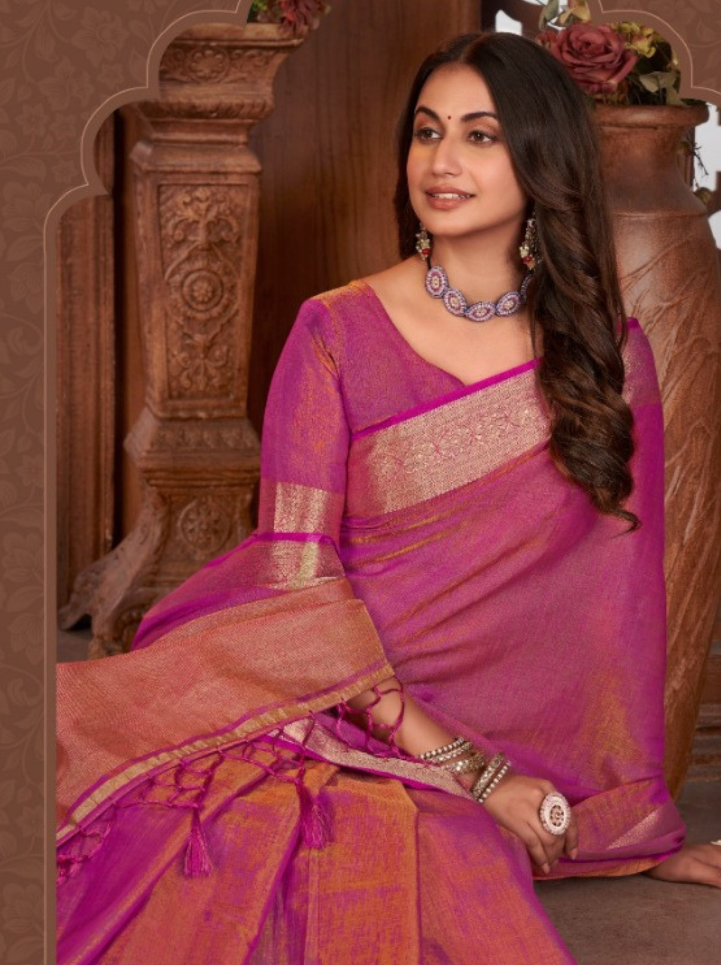 Cerise Pink Linen Designer Saree - TrendOye