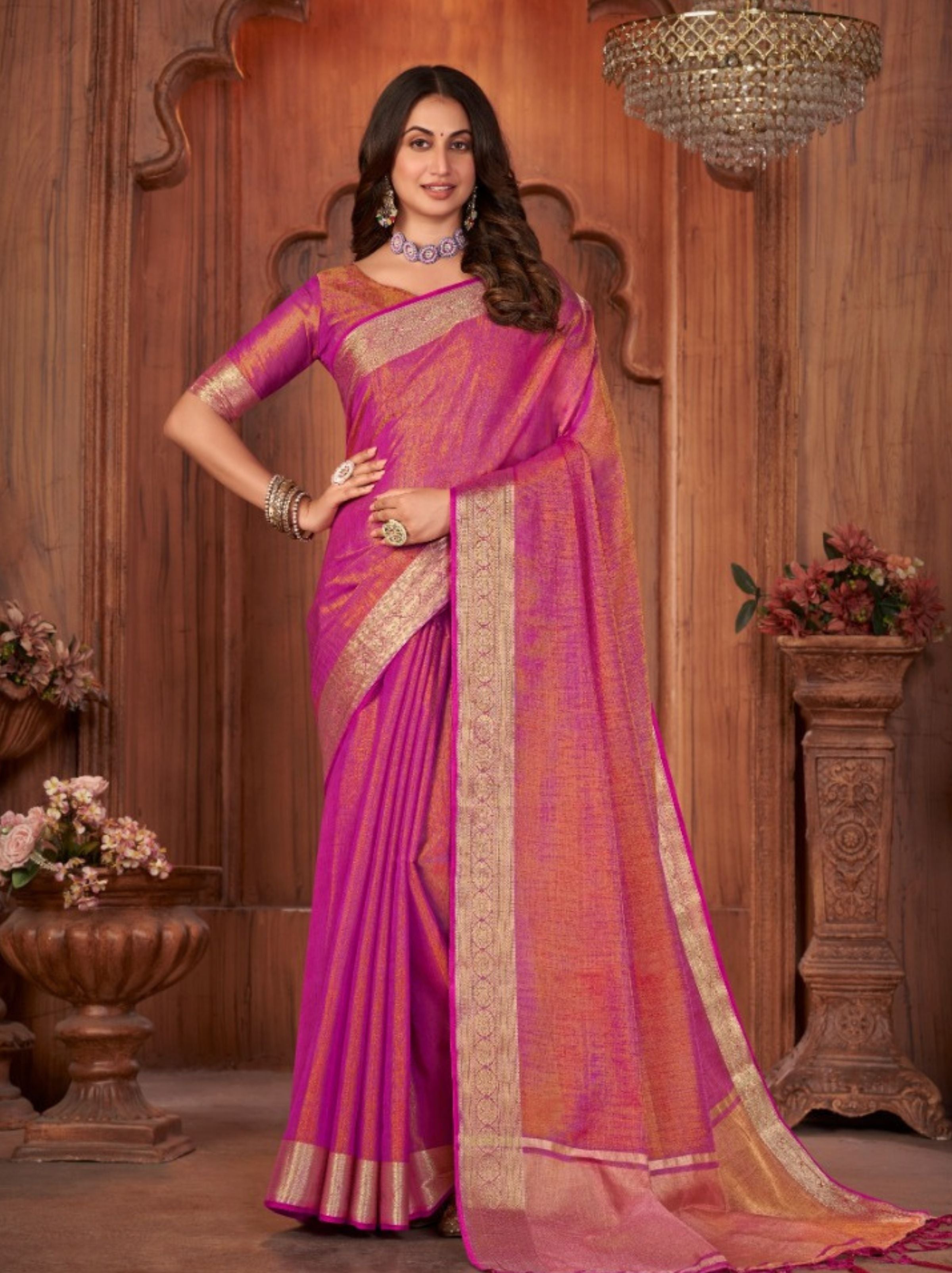 Cerise Pink Linen Designer Saree - TrendOye