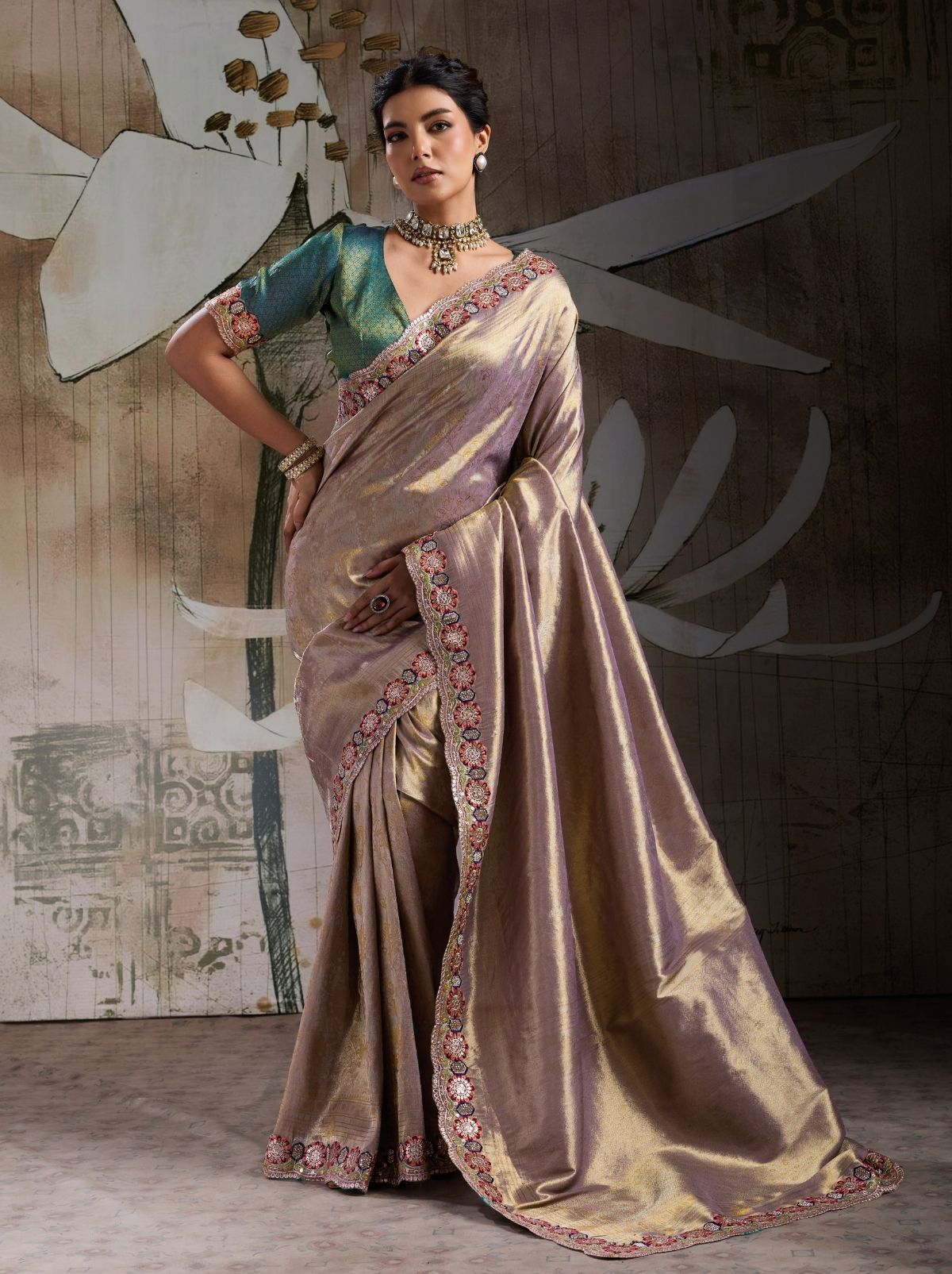 Metallic Cream Banarasi Silk Celebration Saree With Blouse Piece