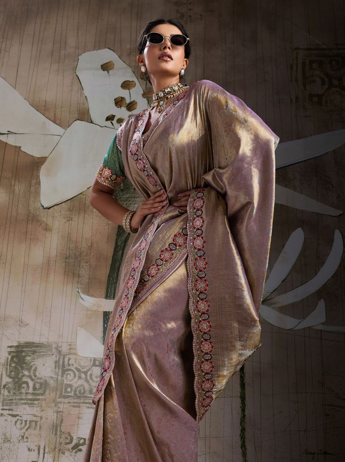 Metallic Cream Banarasi Silk Celebration Saree With Blouse Piece