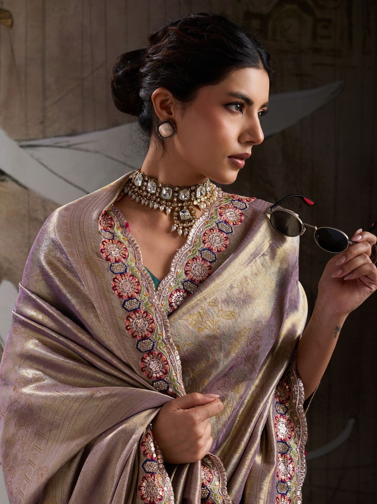 Metallic Cream Banarasi Silk Celebration Saree With Blouse Piece
