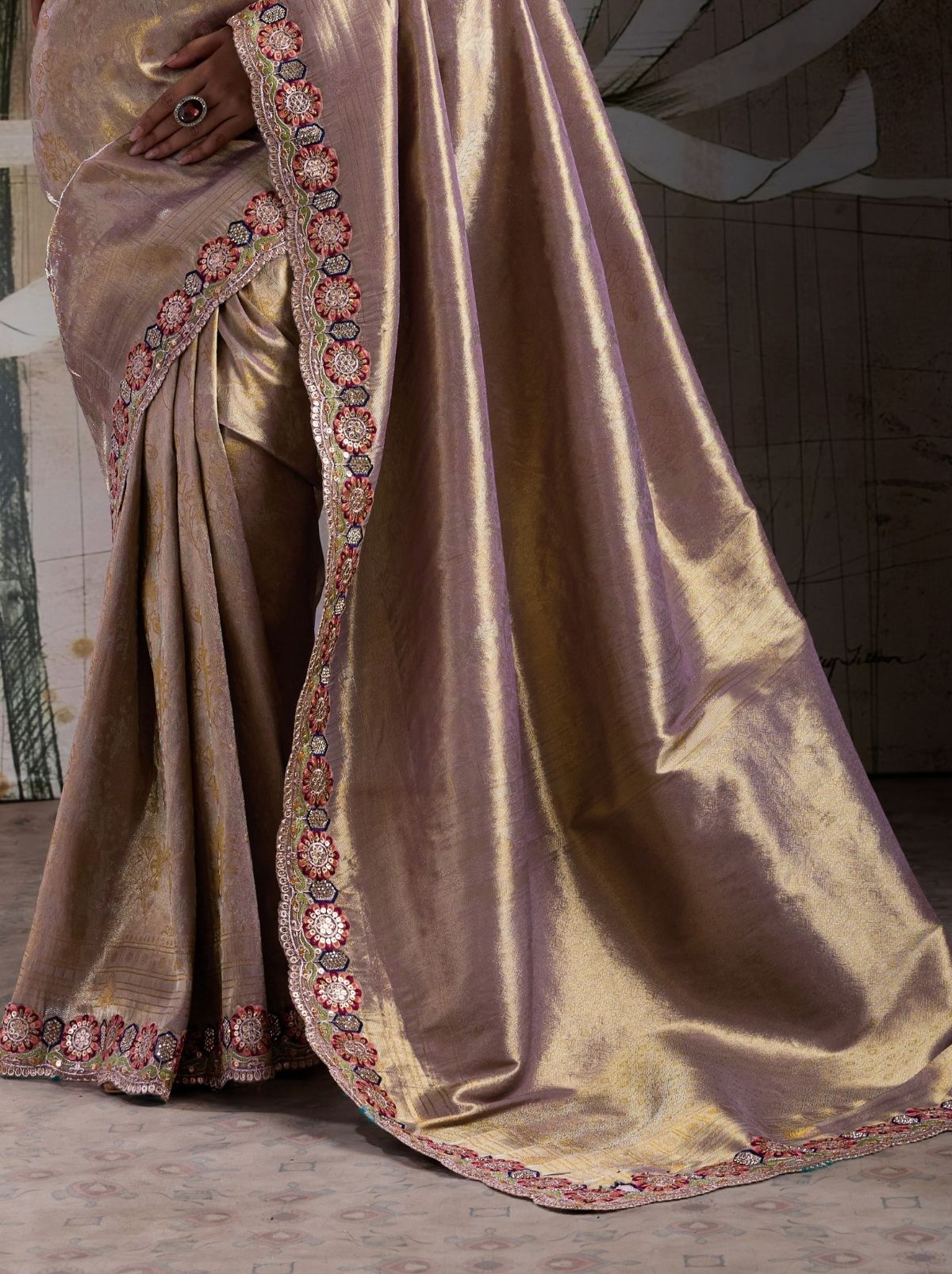 Metallic Cream Banarasi Silk Celebration Saree With Blouse Piece
