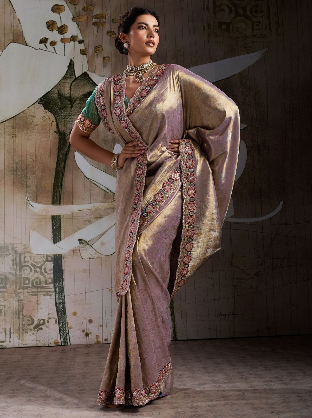 Metallic Cream Banarasi Silk Celebration Saree With Blouse Piece