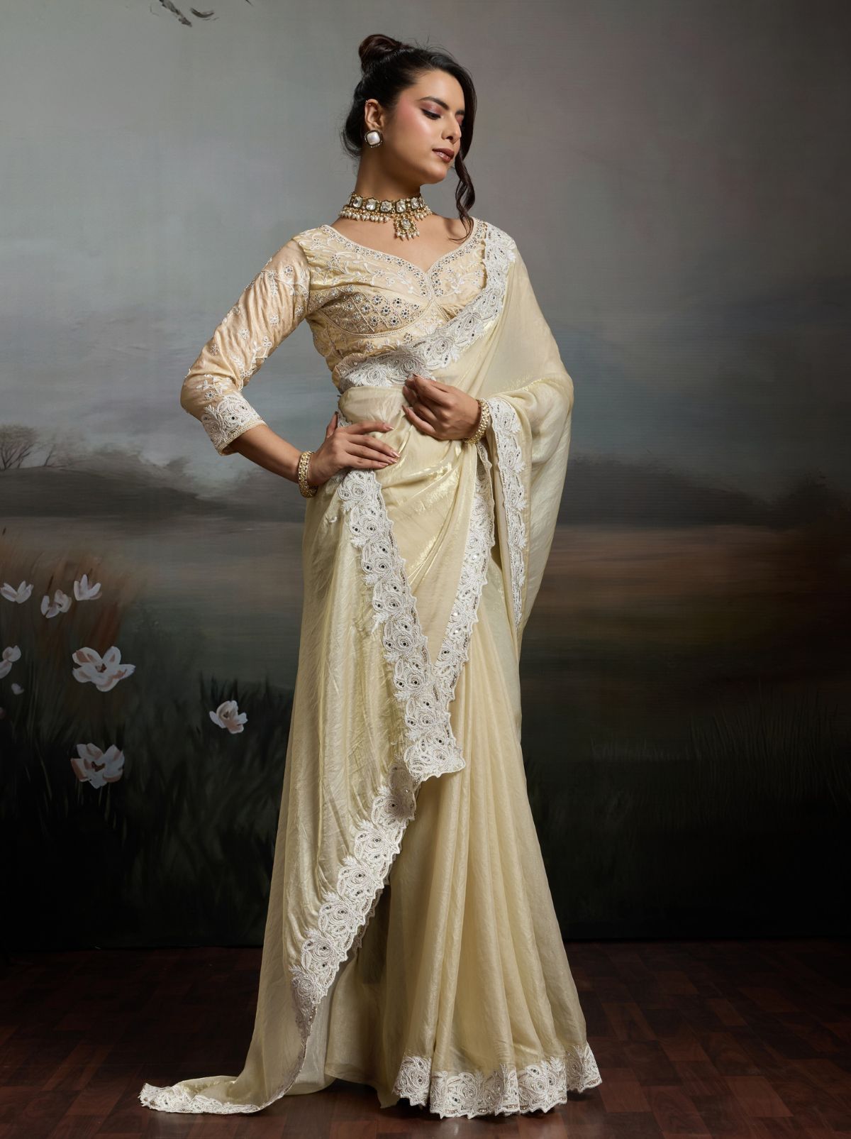 Cream Designer Satin Velvet Silk Saree With Mirror Work