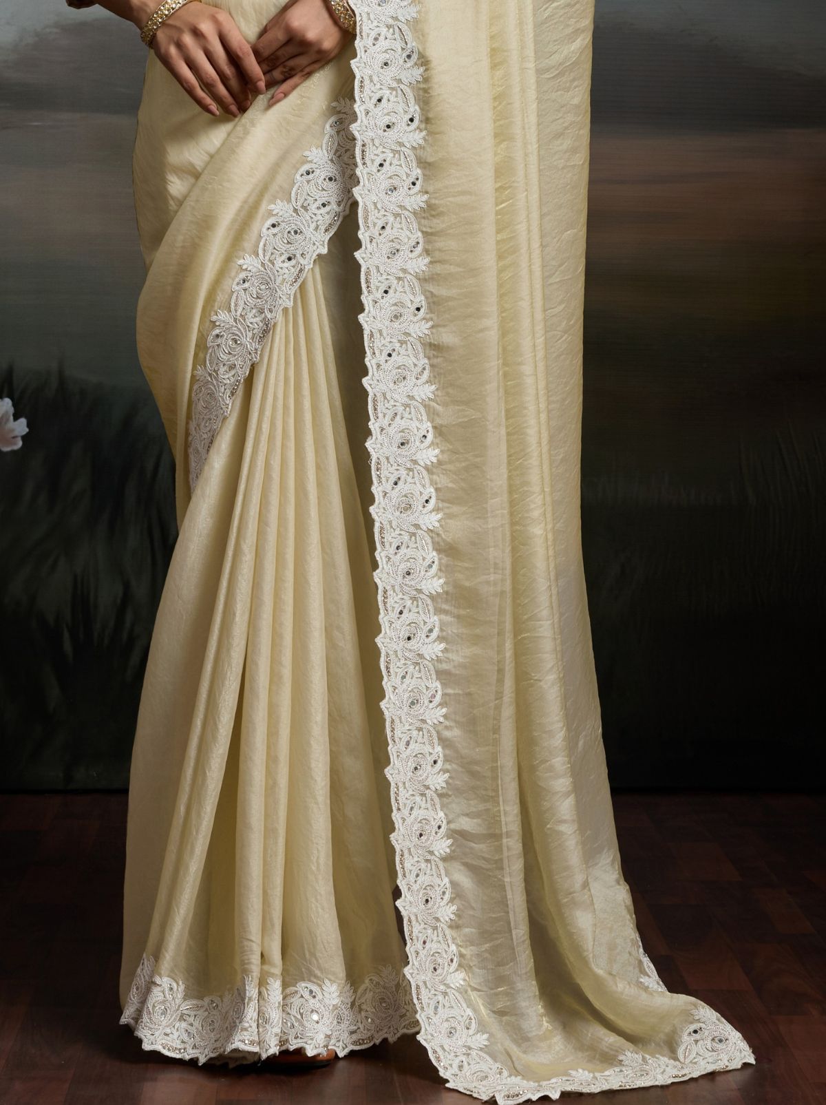Cream Designer Satin Velvet Silk Saree With Mirror Work
