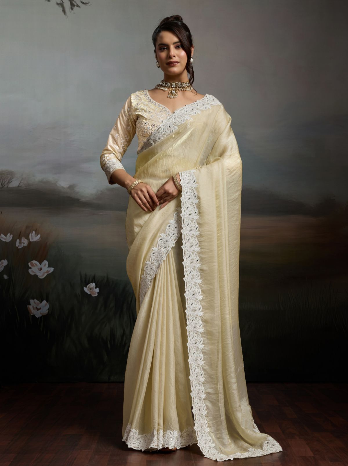 Cream Designer Satin Velvet Silk Saree With Mirror Work