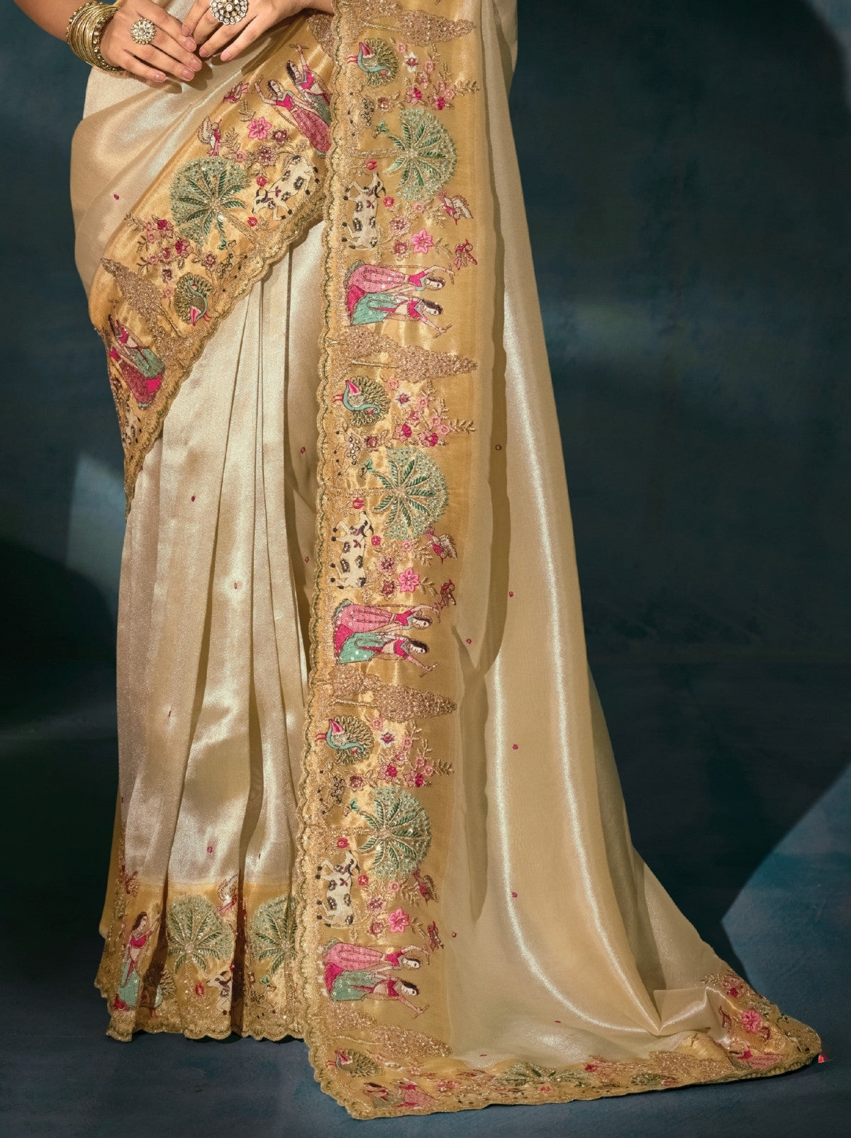 Cream Wedding Designer Soft Silk Saree With Blouse Piece