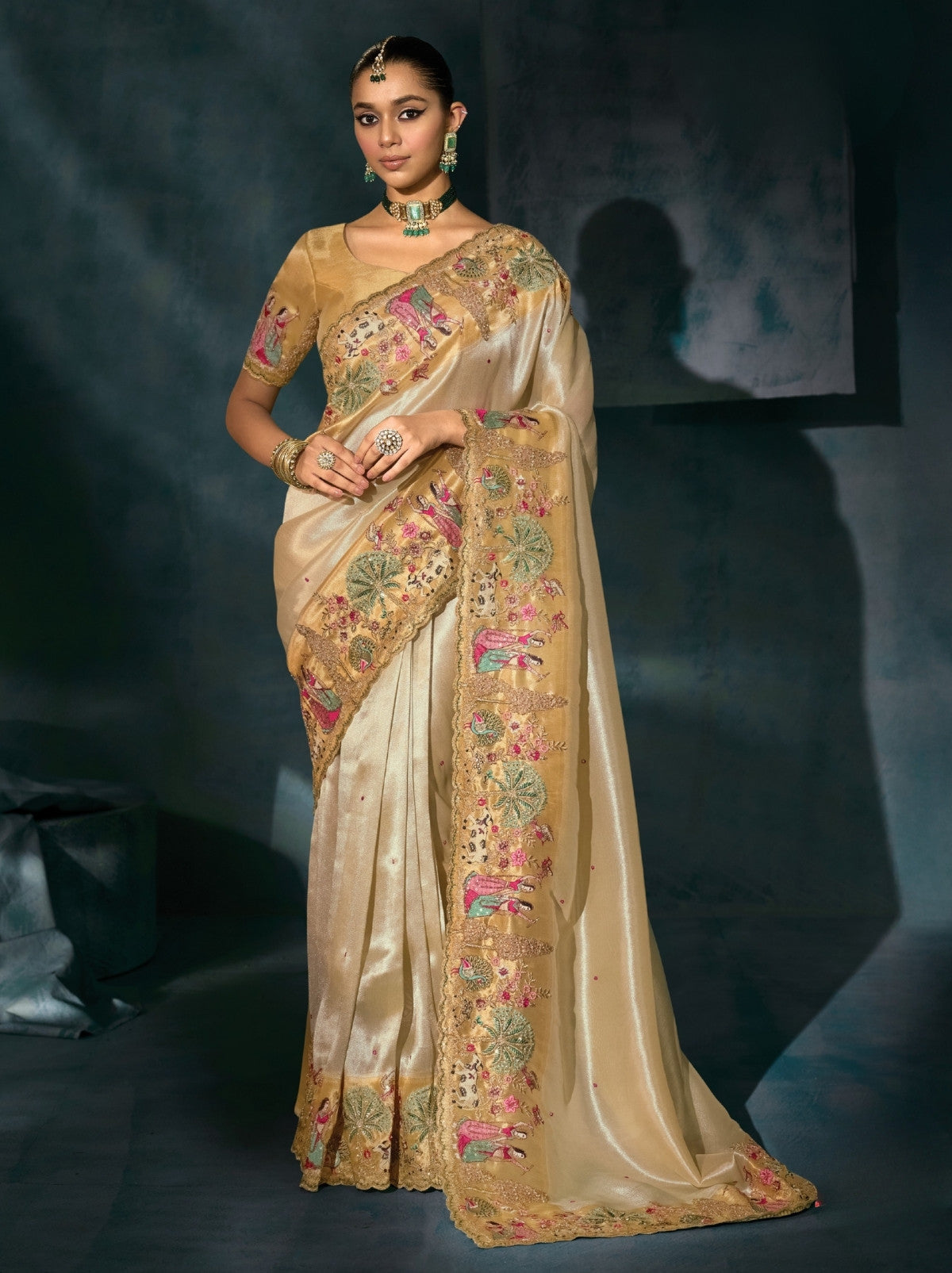 Cream Designer Soft Silk Saree With Blouse Piece