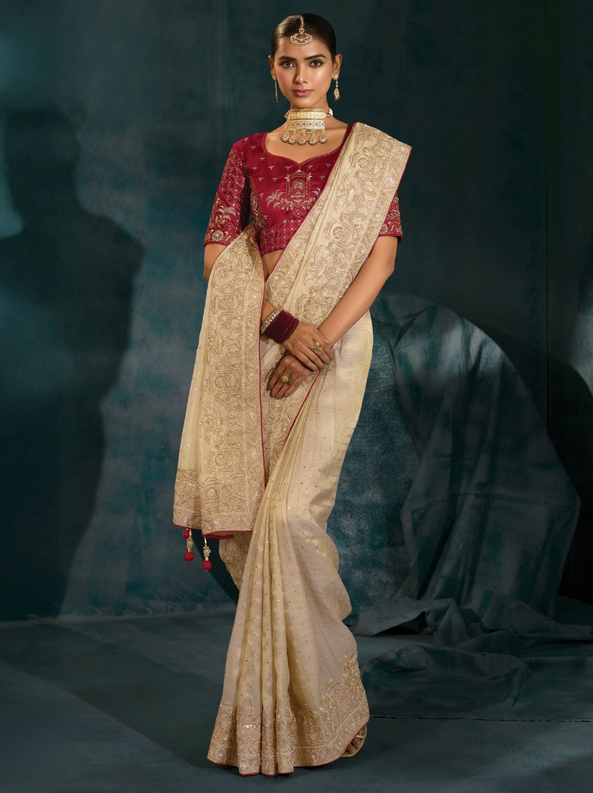 Cream Designer Soft Silk Saree With Blouse Piece