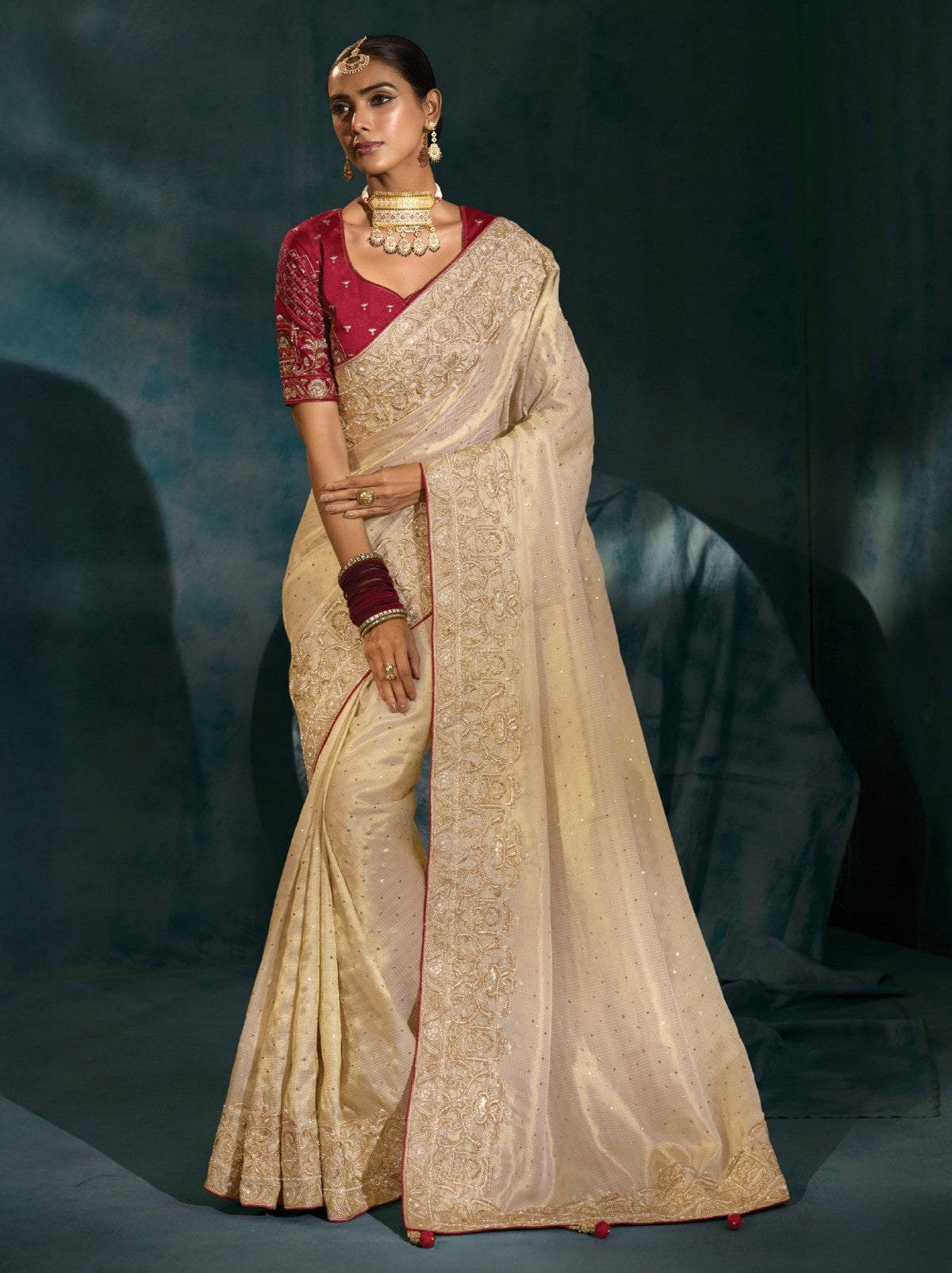 Cream Wedding Designer Soft Silk Saree With Blouse Piece TrendOye