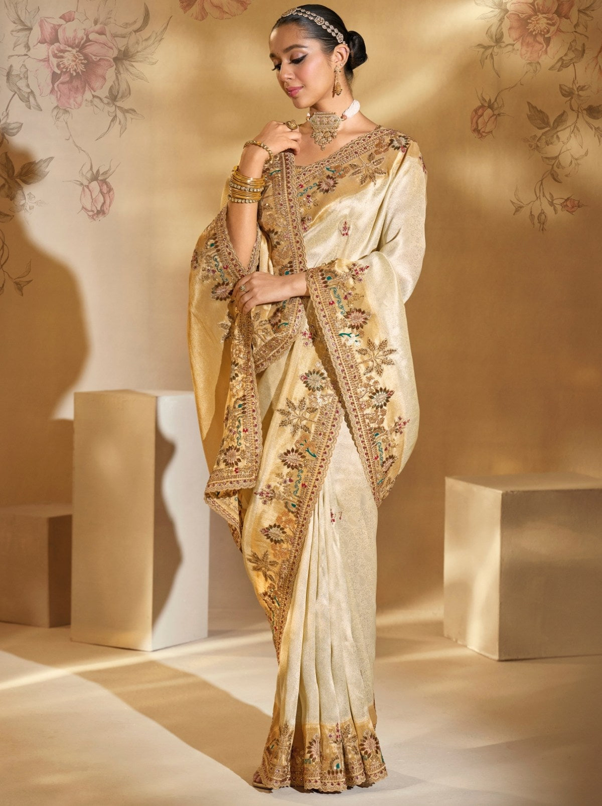 Cream Elite Soft Silk Saree With Zari Work