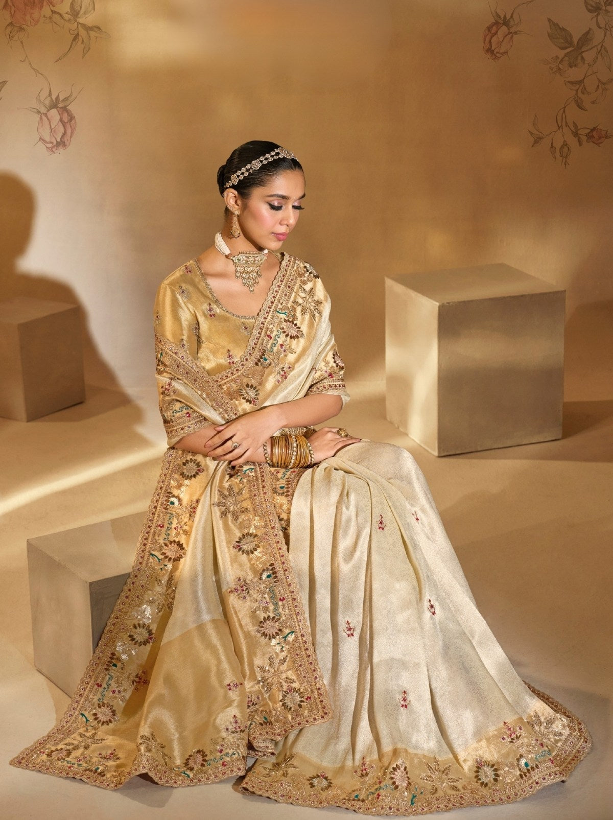 Cream Elite Soft Silk Saree With Zari Work