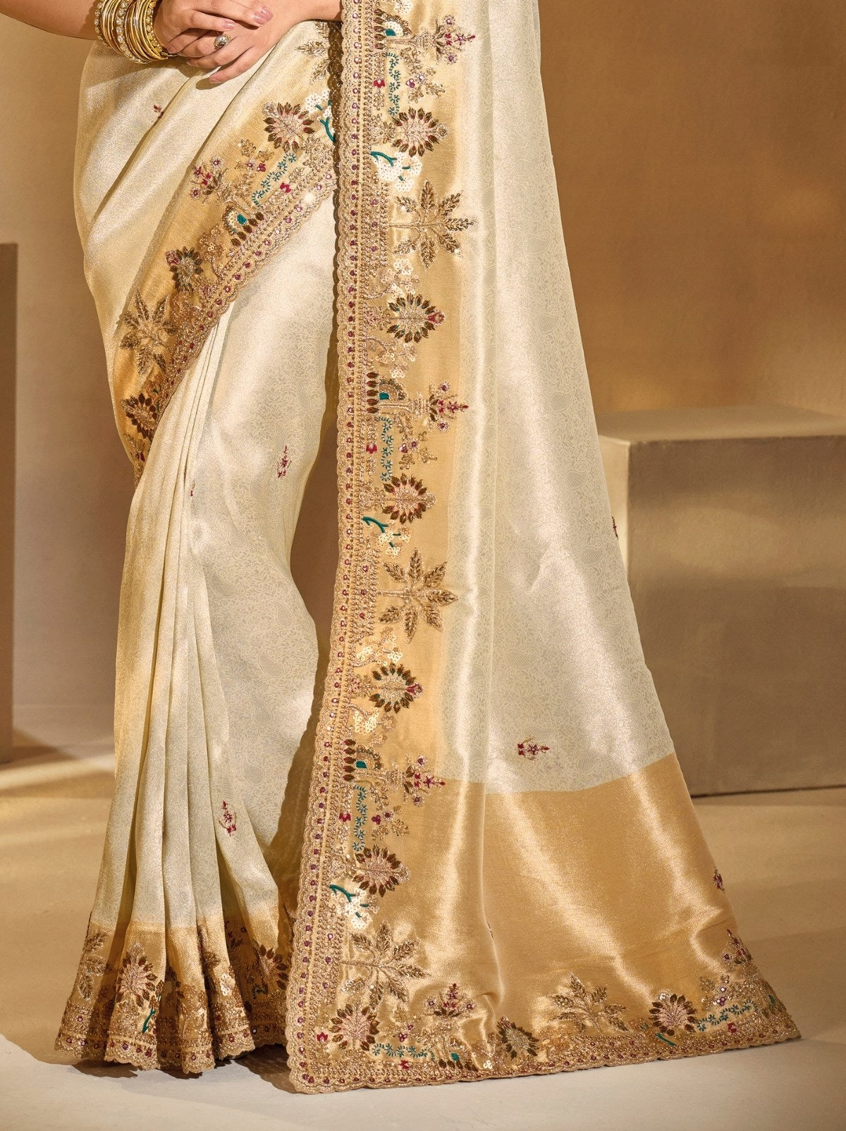 Cream Elite Soft Silk Saree With Zari Work
