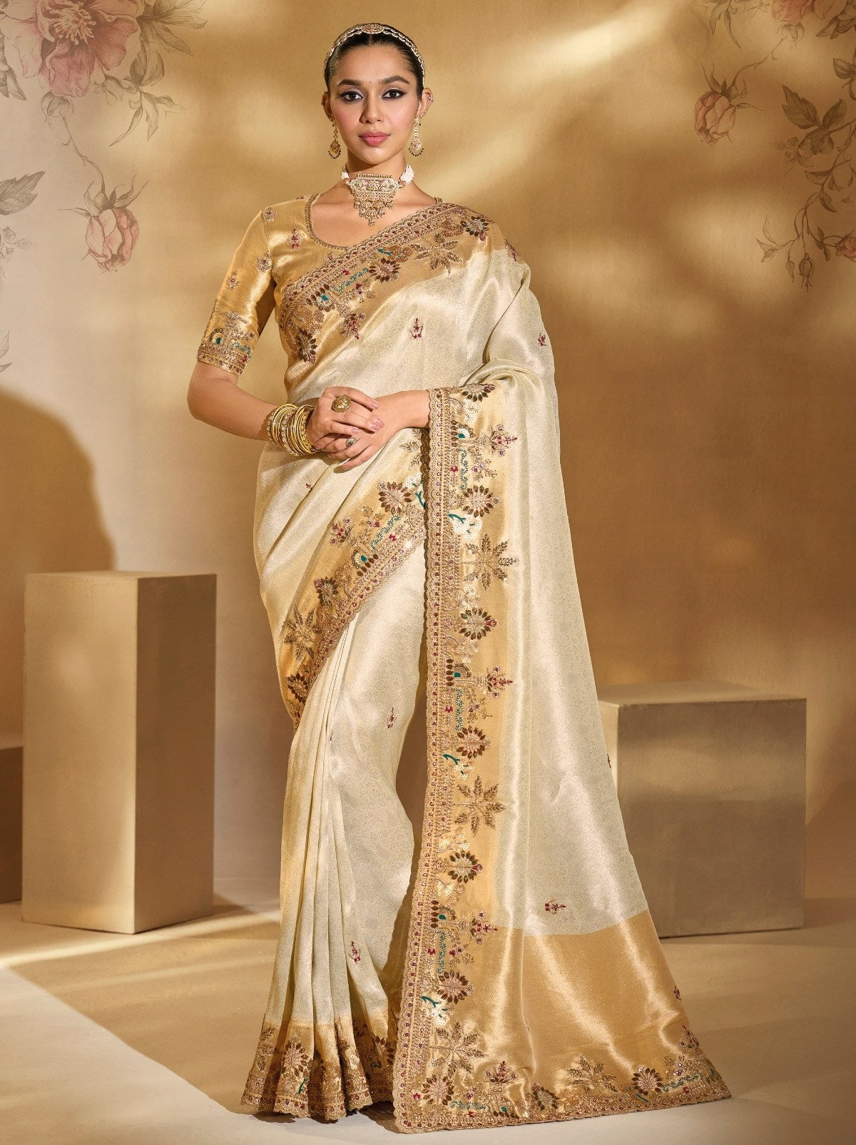 Cream Elite Soft Silk Saree With Zari Work