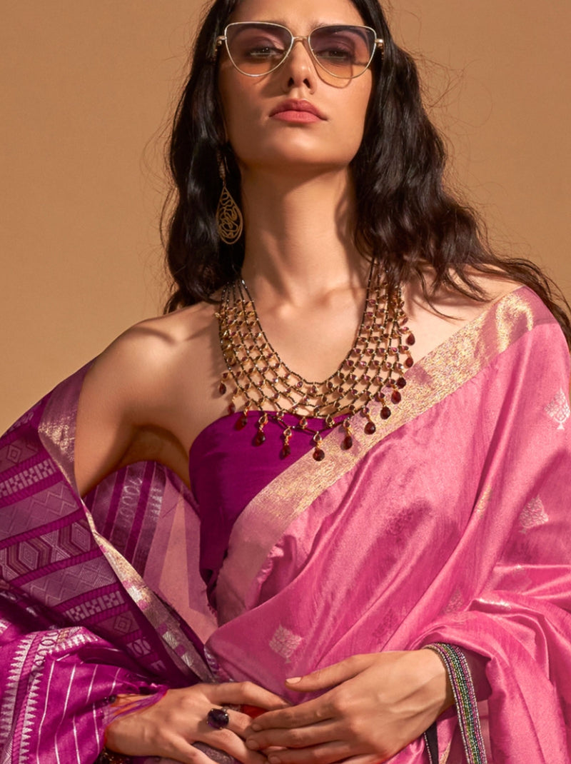 Punch Pink Designer  Silk Blended Saree - TrendOye