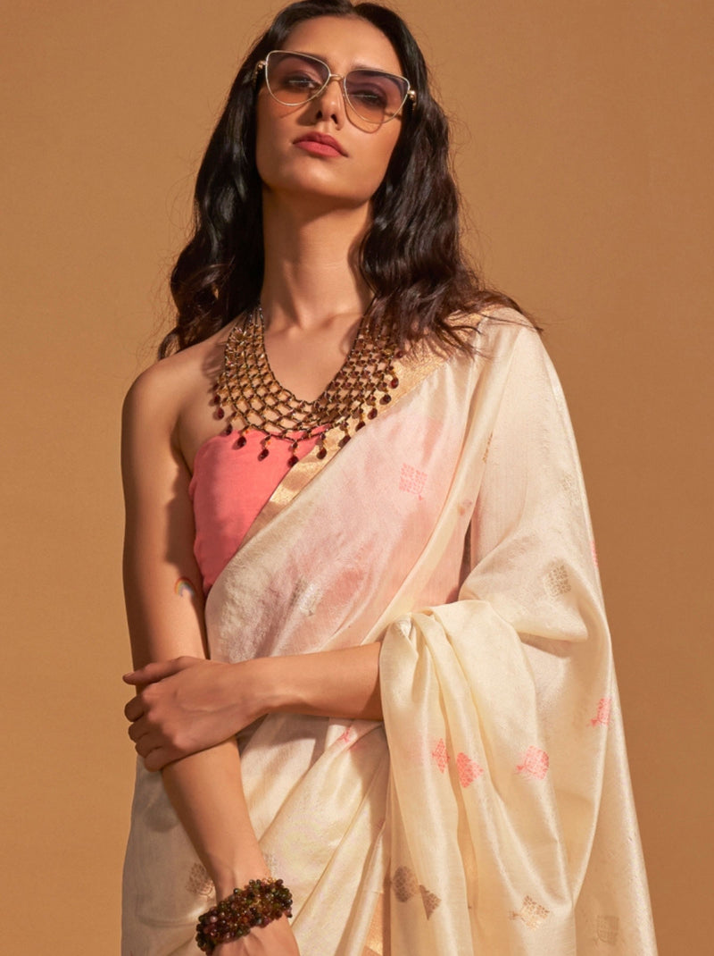 Cream Designer  Silk Blended Saree - TrendOye