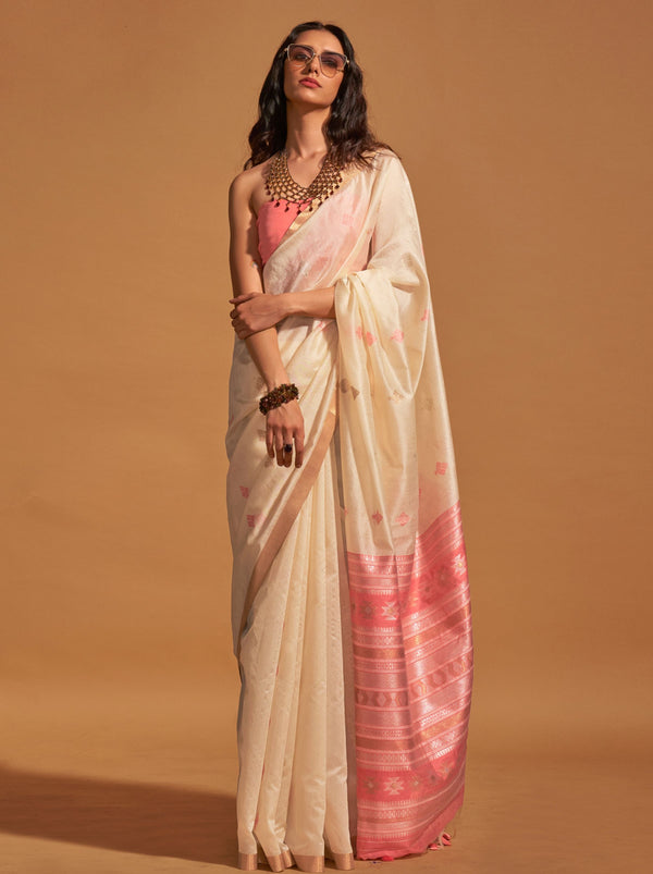 Cream Designer  Silk Blended Saree