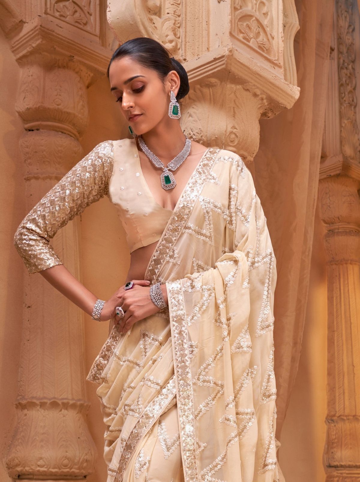 Cream Luxury Georgette Silk Saree With Sequin & Thread Work