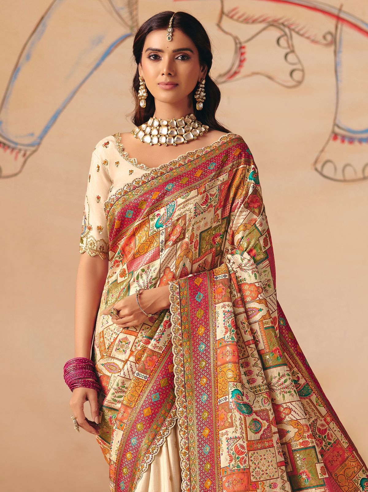 Cream Premium Dola Silk Embroidered Designer Saree