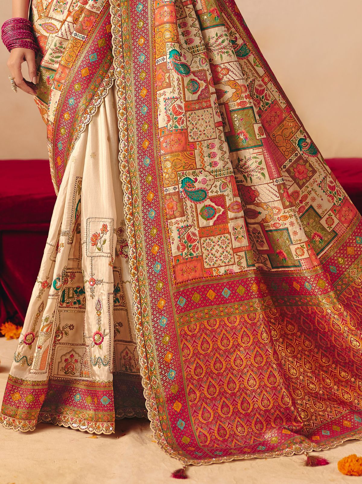 Cream Premium Dola Silk Embroidered Designer Saree