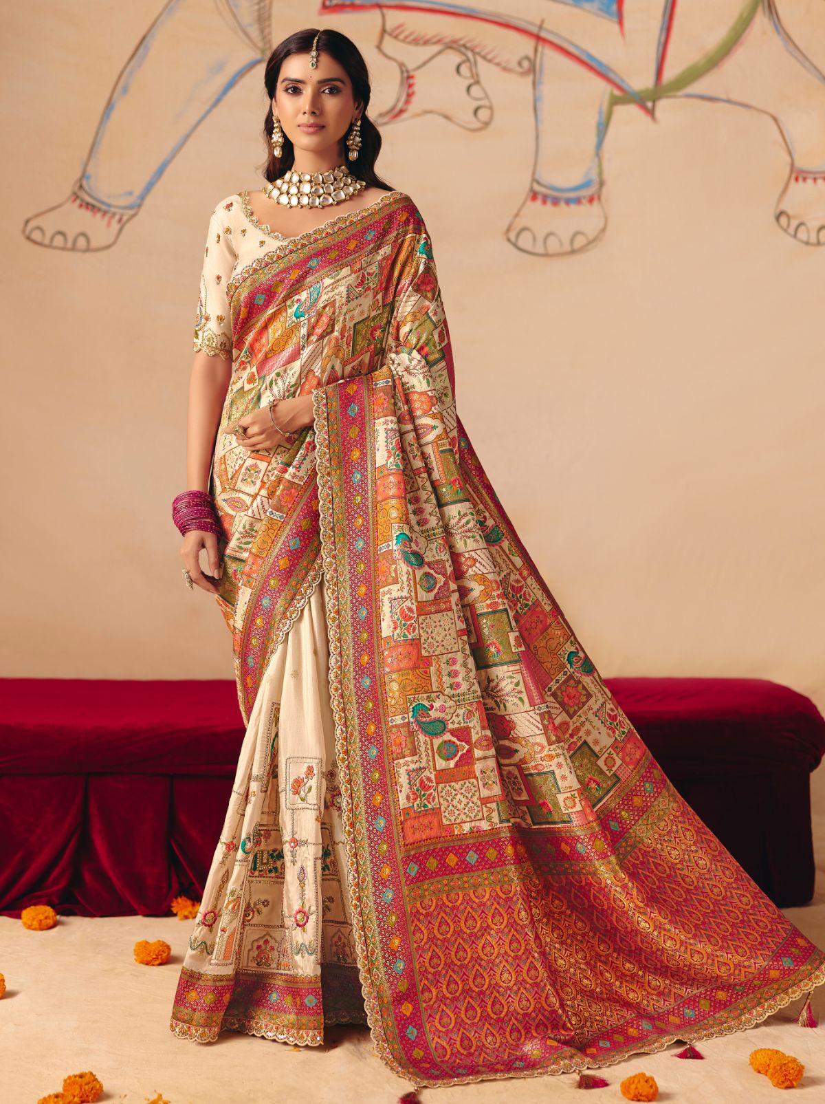 Cream Premium Dola Silk Embroidered Designer Saree