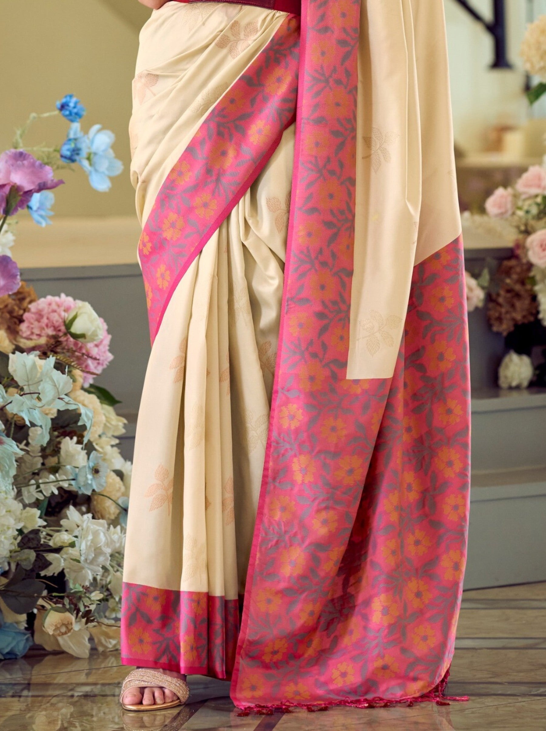 Cream Party Premium Saree - TrendOye