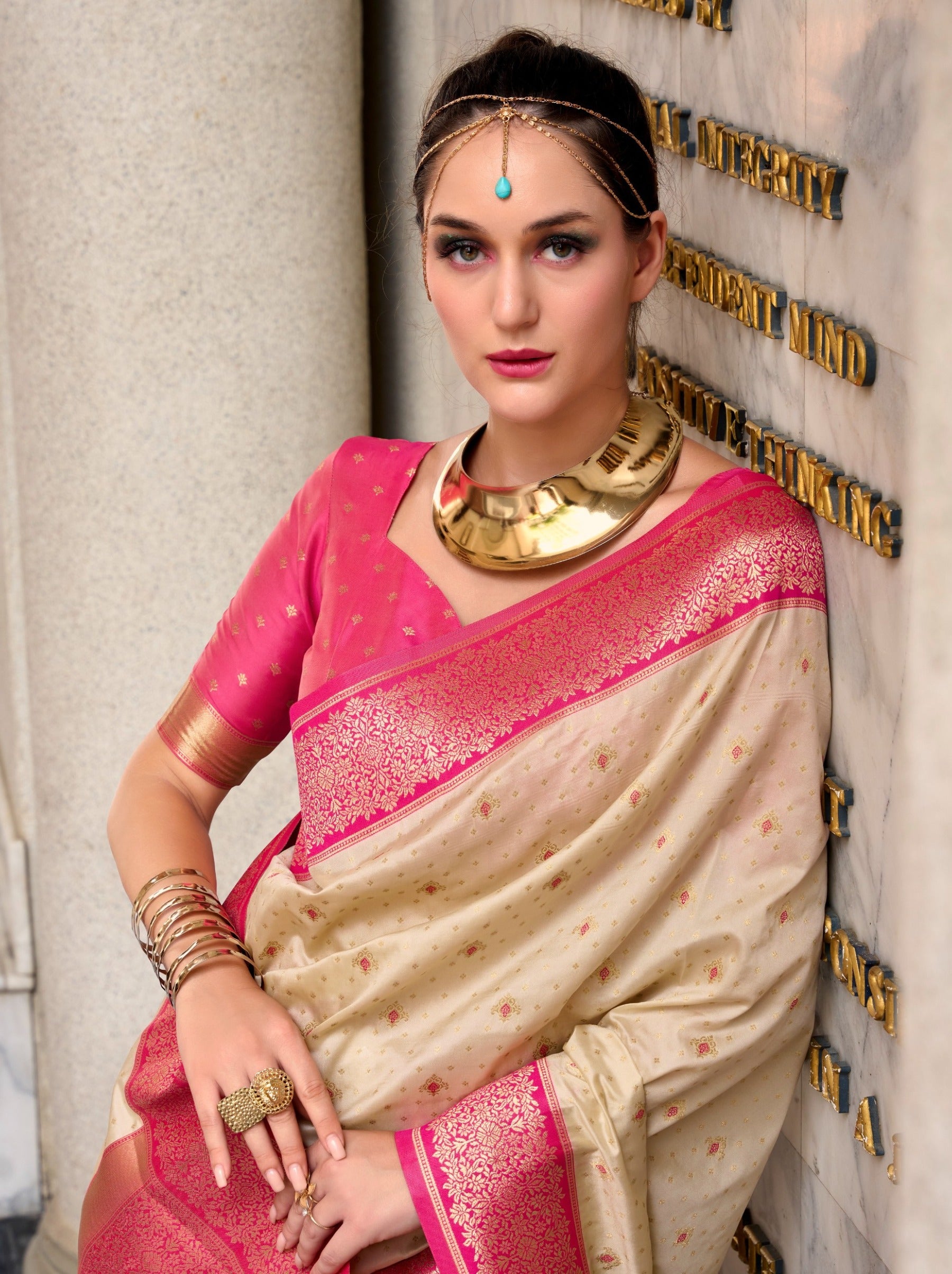 Cream Festive Saree - TrendOye