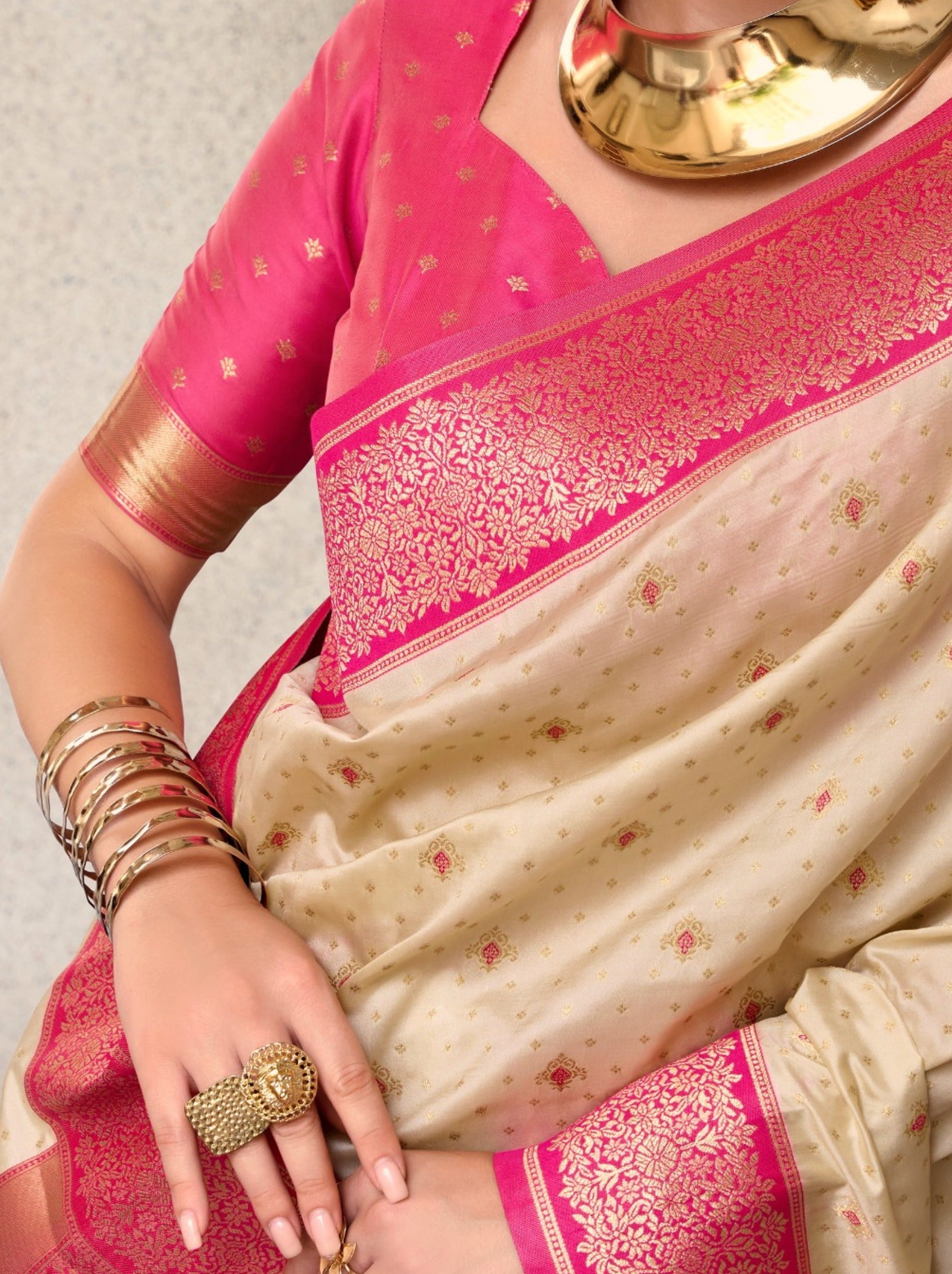 Cream Festive Saree - TrendOye