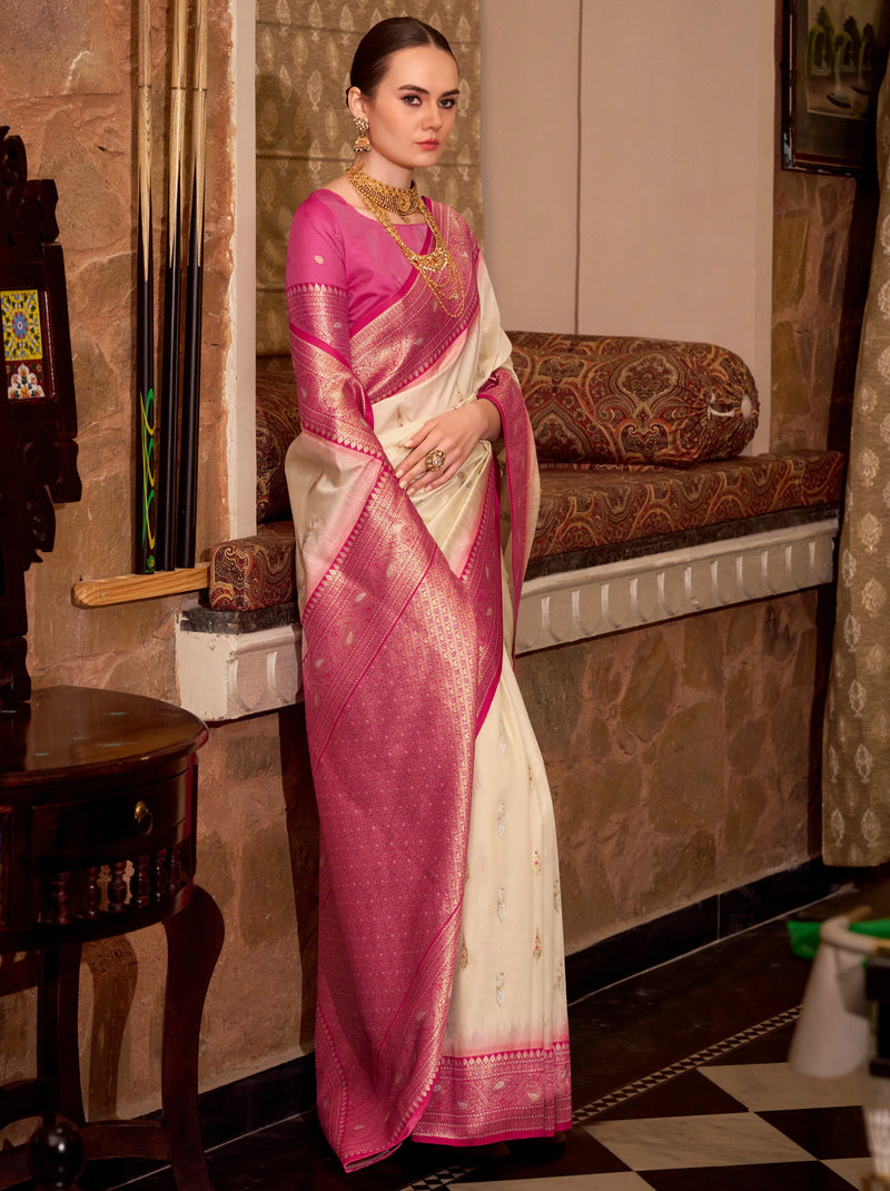 Cream White Premium Festive Silk Saree With Unstitched Blouse
