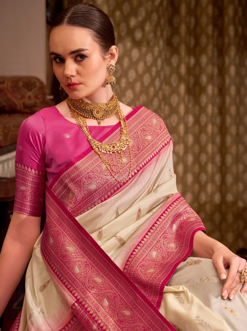 Cream White Premium Festive Silk Saree With Unstitched Blouse