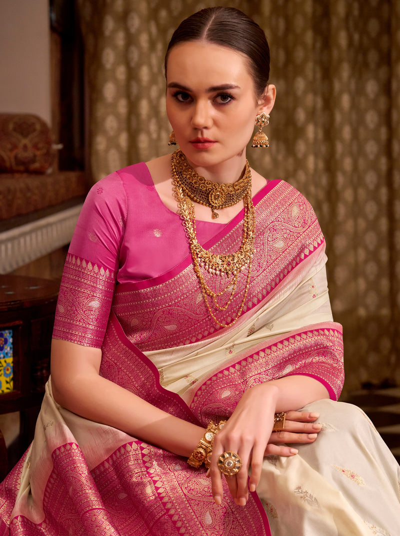 Cream White Premium Festive Silk Saree With Unstitched Blouse